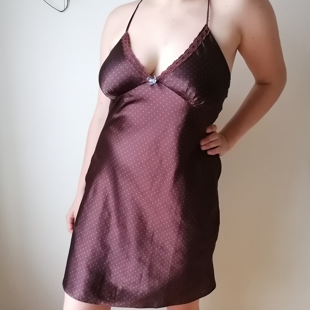 Brown lingerie dress with blue dots